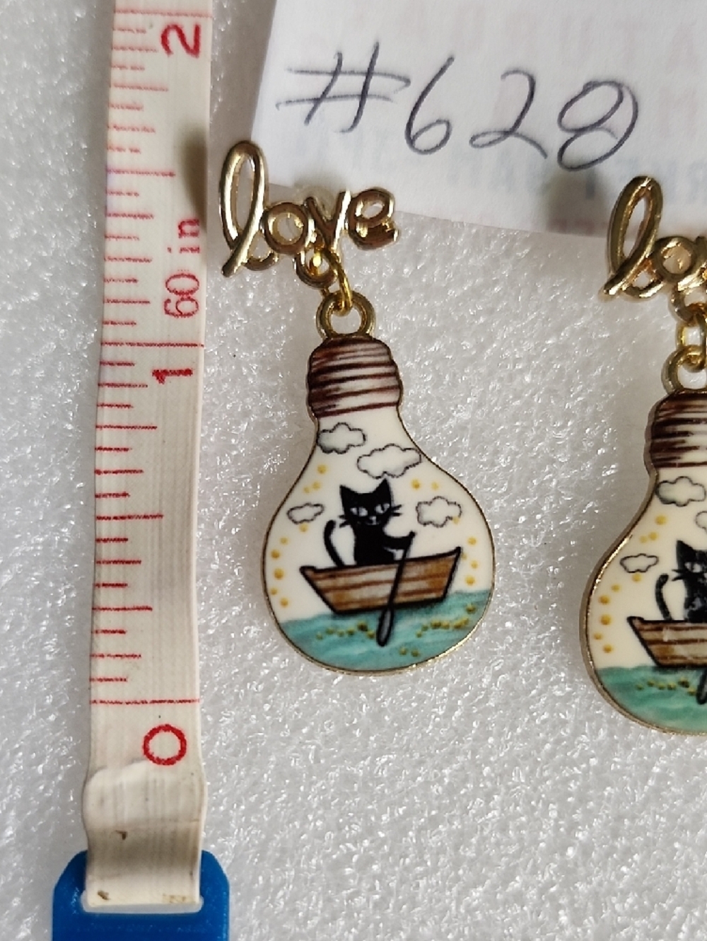 Hand Crafted Gold 'Love' Cat in Boat Lightbulb Drop Earrings - Picture 3 of 5